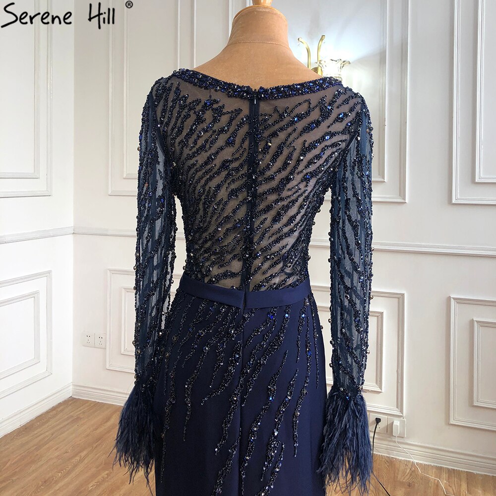 Vestidos de noche musulmanes de lujo azul marino 2025, elegantes vestidos de sirena con cuentas y plumas para mujer, fiesta LA70978 