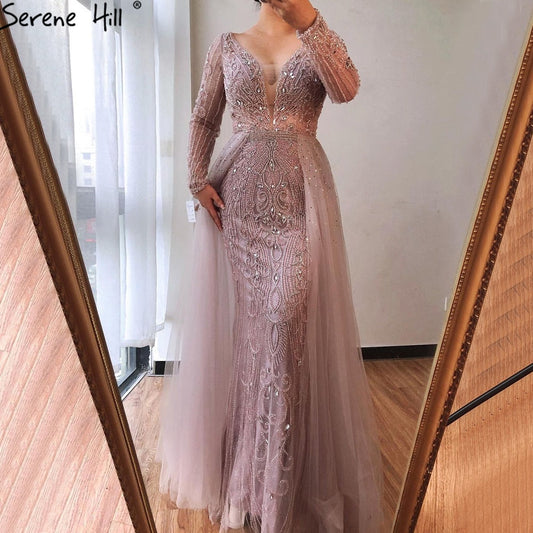 Luxury Muslim Pink With Train Mermaid Elegant Evening Dresses Gowns For Woman Party LA70433