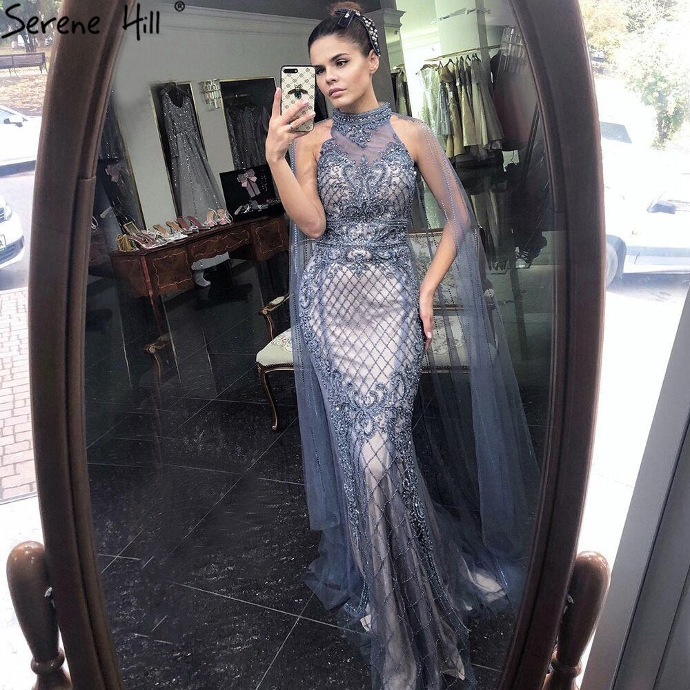 Luxury Navy Blue With Train Evening Dresses Gowns 2025 Mermaid Beading Diamond Elegant For Women Party LA70807