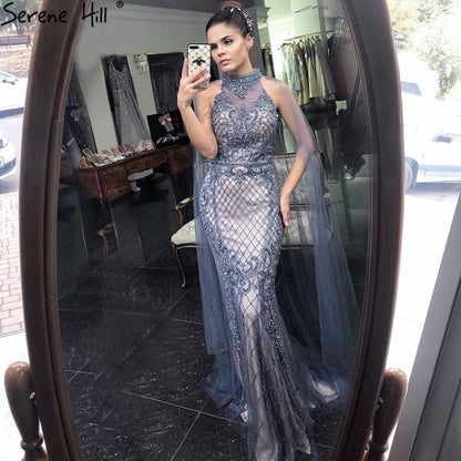 Luxury Navy Blue With Train Evening Dresses Gowns 2025 Mermaid Beading Diamond Elegant For Women Party LA70807