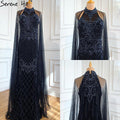 Luxury Navy Blue With Train Evening Dresses Gowns 2025 Mermaid Beading Diamond Elegant For Women Party LA70807