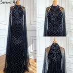 Luxury Navy Blue With Train Evening Dresses Gowns 2025 Mermaid Beading Diamond Elegant For Women Party LA70807