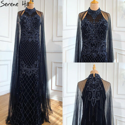 Luxury Navy Blue With Train Evening Dresses Gowns 2025 Mermaid Beading Diamond Elegant For Women Party LA70807
