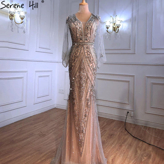 Luxury Nude Silver Evening Dresses Gowns 2025 Sexy Mermaid Beading Elegant For Women Party LA70905
