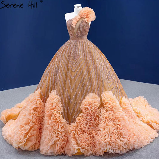 Luxury Orange One Shoulder Wedding Dresses 2025 High-end Beaded Ruched Bridal Dress HM67358 Custom Made