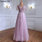 Luxus Rosa A-linie Abendkleider Kleider 2025 Perlen Kurzen Ärmeln Lace Up Für Frauen Party LA70840 