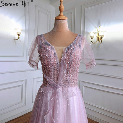 Luxury Pink A-Line Evening Dresses Gowns 2025 Beaded Short Sleeves Lace Up For Women Party LA70840