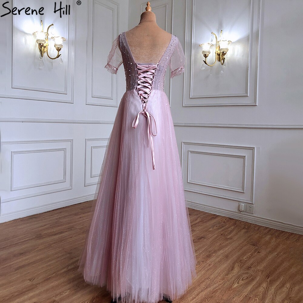 Luxus Rosa A-linie Abendkleider Kleider 2025 Perlen Kurzen Ärmeln Lace Up Für Frauen Party LA70840 