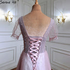 Luxus Rosa A-linie Abendkleider Kleider 2025 Perlen Kurzen Ärmeln Lace Up Für Frauen Party LA70840 