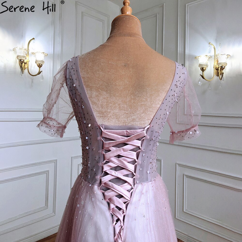 Luxus Rosa A-linie Abendkleider Kleider 2025 Perlen Kurzen Ärmeln Lace Up Für Frauen Party LA70840 