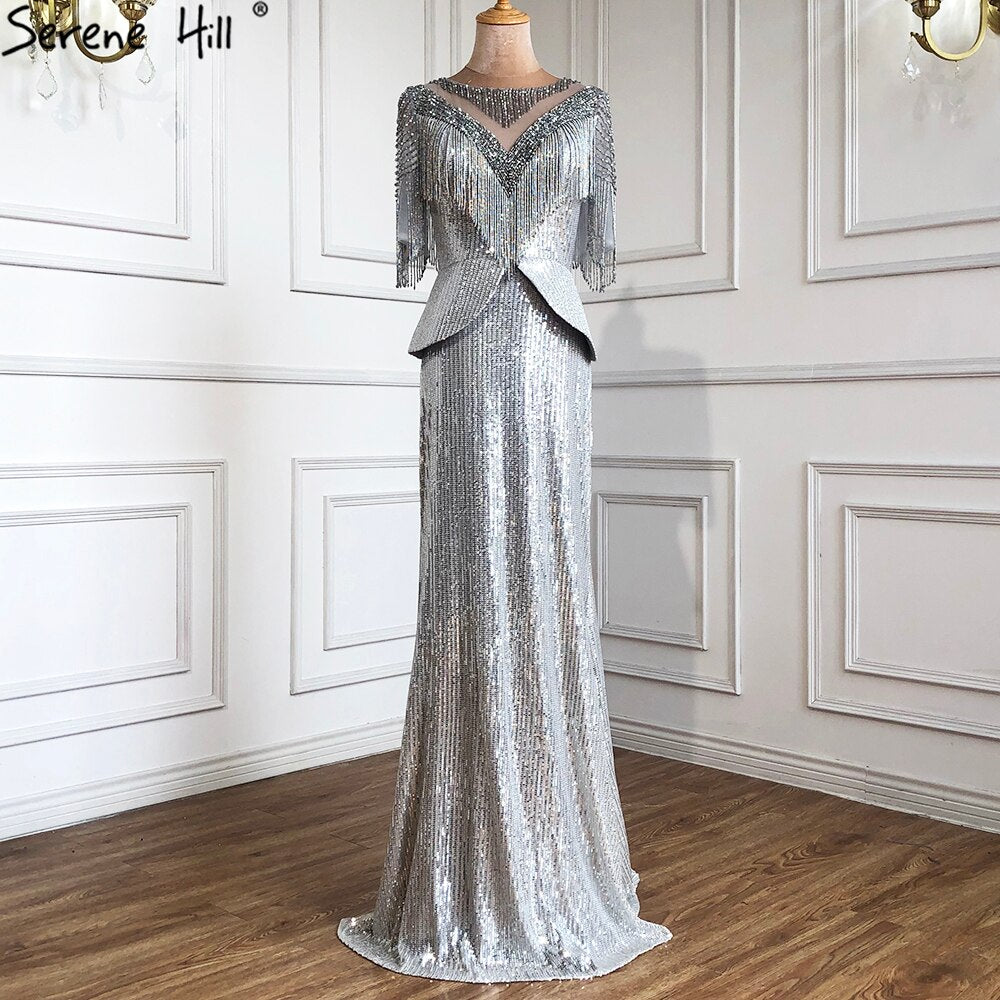Verkauf Luxus Silber Meerjungfrau Abendkleider Kleider 2025 Elegante Halbarm Perlen Quaste Für Frauen Party LA71017 