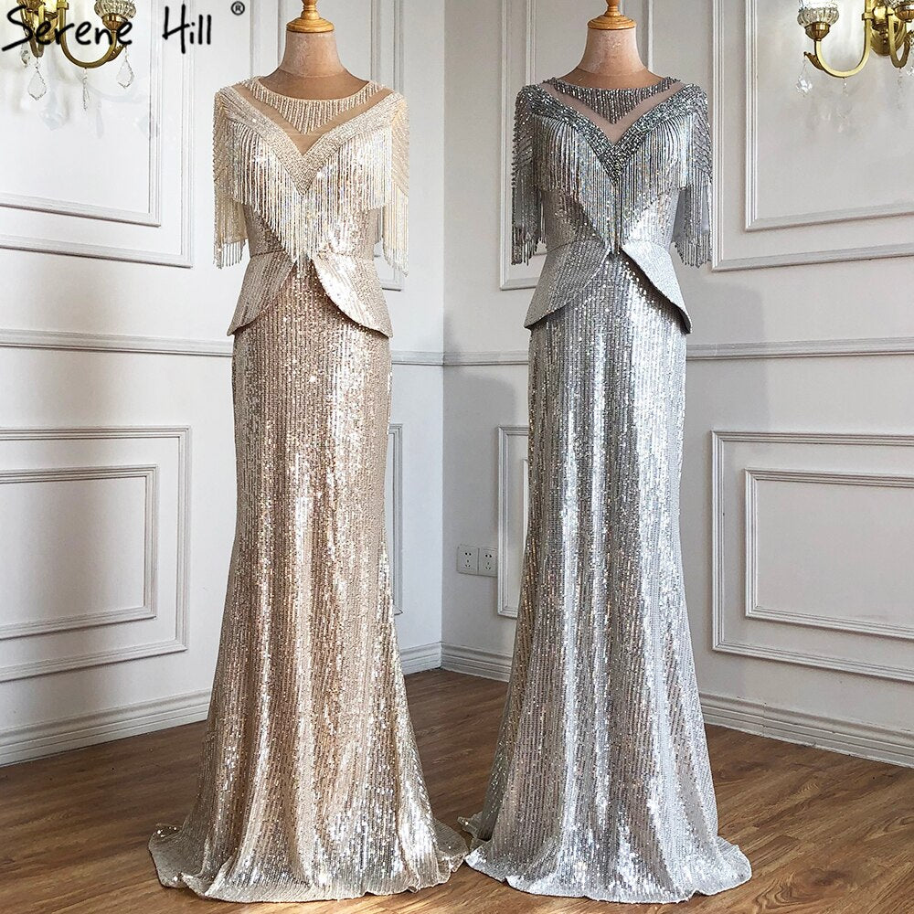 Verkauf Luxus Silber Meerjungfrau Abendkleider Kleider 2025 Elegante Halbarm Perlen Quaste Für Frauen Party LA71017 