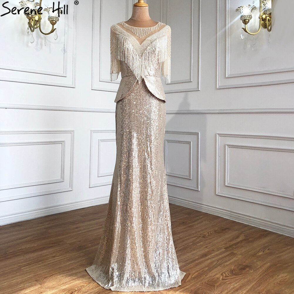 Verkauf Luxus Silber Meerjungfrau Abendkleider Kleider 2025 Elegante Halbarm Perlen Quaste Für Frauen Party LA71017 
