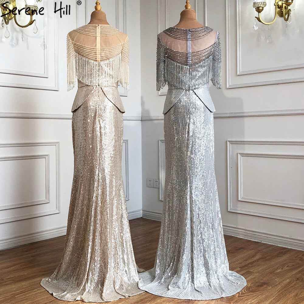 Verkauf Luxus Silber Meerjungfrau Abendkleider Kleider 2025 Elegante Halbarm Perlen Quaste Für Frauen Party LA71017 