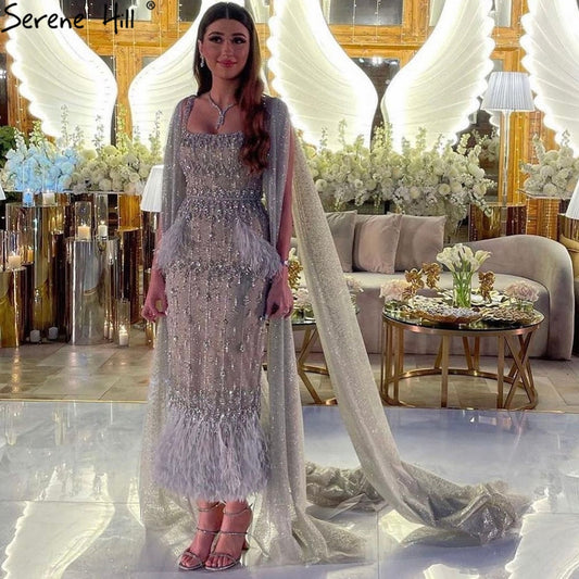 Vestido de noche árabe de sirena gris brillante con capa LA71492