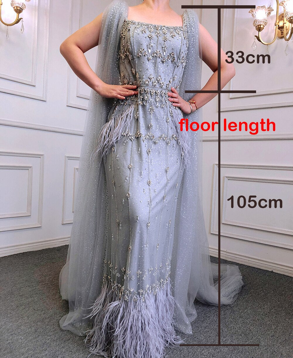 Vestido de noche árabe de sirena gris brillante con capa LA71492