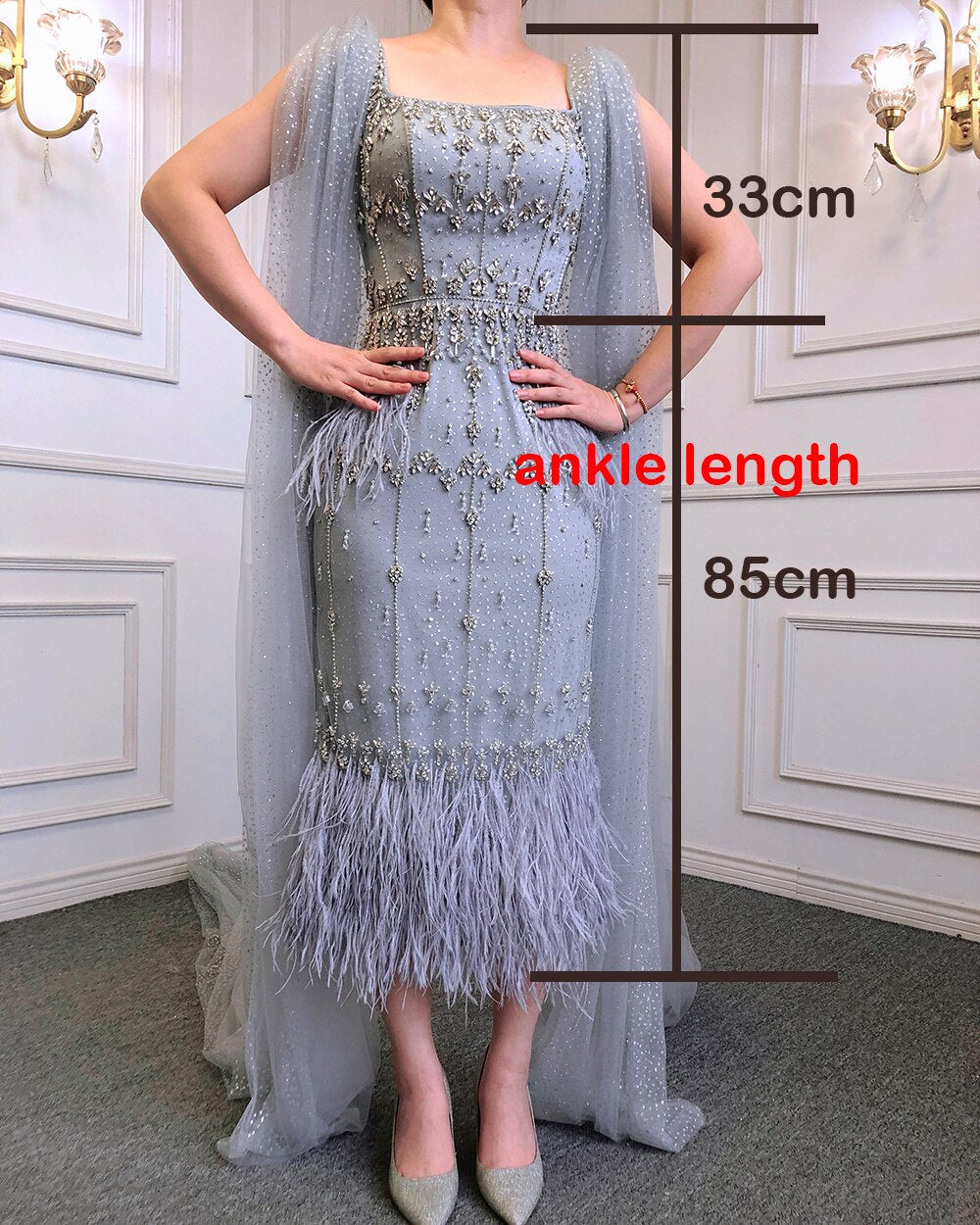 Vestido de noche árabe de sirena gris brillante con capa LA71492