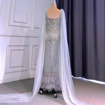 Vestido de noche árabe de sirena gris brillante con capa LA71492