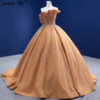 Luxus Sleeveless Gold Brautkleider 2025 Satin High-end-Perlen Sexy Brautkleid HM67356 Nach Maß 