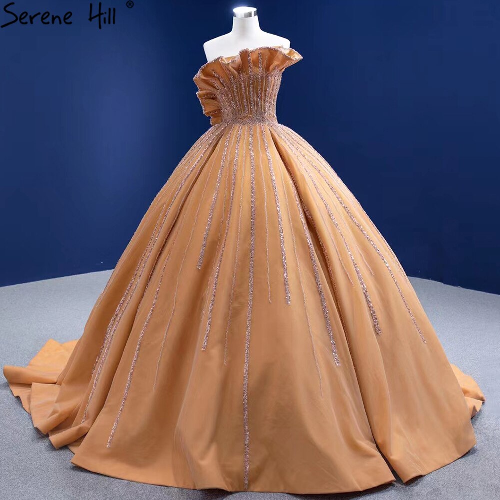 Luxus Sleeveless Gold Brautkleider 2025 Satin High-end-Perlen Sexy Brautkleid HM67356 Nach Maß 