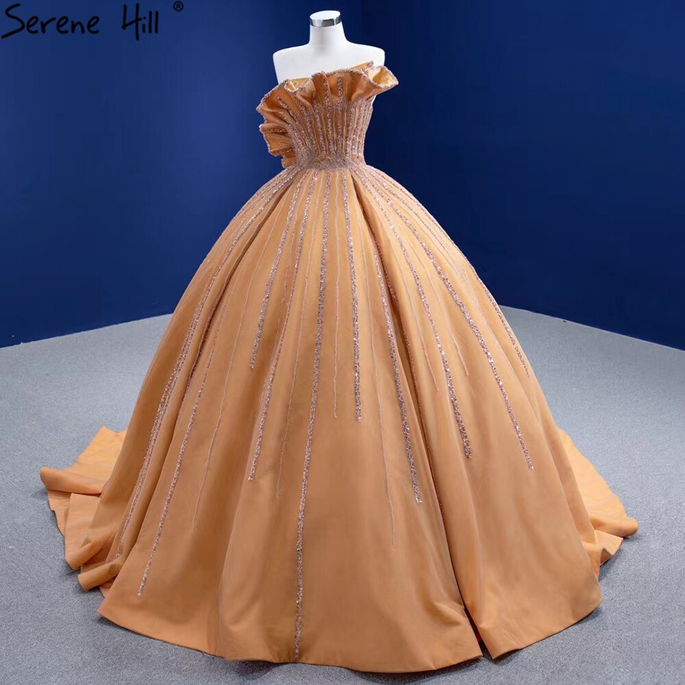 Luxus Sleeveless Gold Brautkleider 2025 Satin High-end-Perlen Sexy Brautkleid HM67356 Nach Maß 