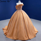 Luxus Sleeveless Gold Brautkleider 2025 Satin High-end-Perlen Sexy Brautkleid HM67356 Nach Maß 