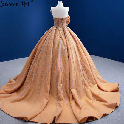 Luxury Sleeveless Gold Wedding Dresses 2025 Satin High-end Beaded Sexy Bridal Dress HM67356 Custom Made