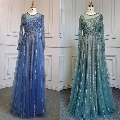 Luxury Turquoise Nude A-Line Evening Dresses Gowns Long Sleeves Beaded Elegant 2025 For Women Party LA71659