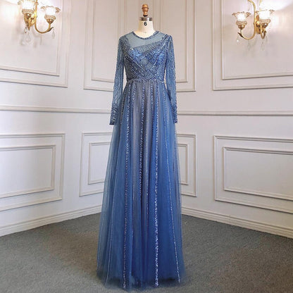 Luxury Turquoise Nude A-Line Evening Dresses Gowns Long Sleeves Beaded Elegant 2025 For Women Party LA71659