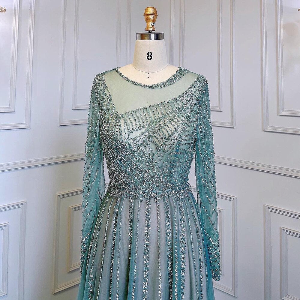 Luxury Turquoise Nude A-Line Evening Dresses Gowns Long Sleeves Beaded Elegant 2025 For Women Party LA71659