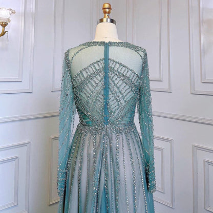 Luxury Turquoise Nude A-Line Evening Dresses Gowns Long Sleeves Beaded Elegant 2025 For Women Party LA71659