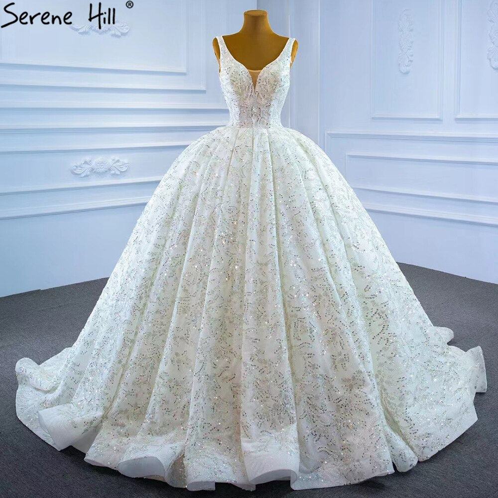 Vestidos de novia de lujo con cuentas blancas, 2025, brillantes, sin mangas, vestido de novia HM67254, hecho a medida 