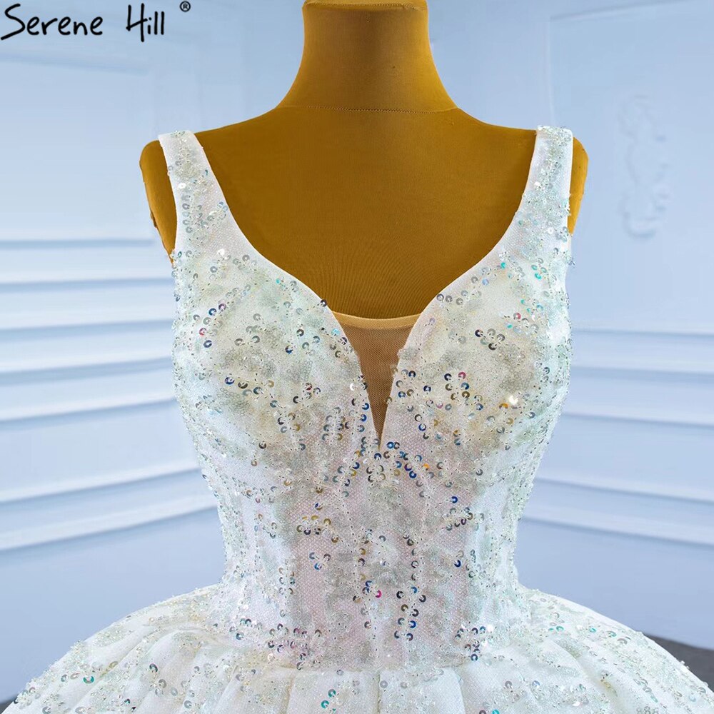 Vestidos de novia de lujo con cuentas blancas, 2025, brillantes, sin mangas, vestido de novia HM67254, hecho a medida 