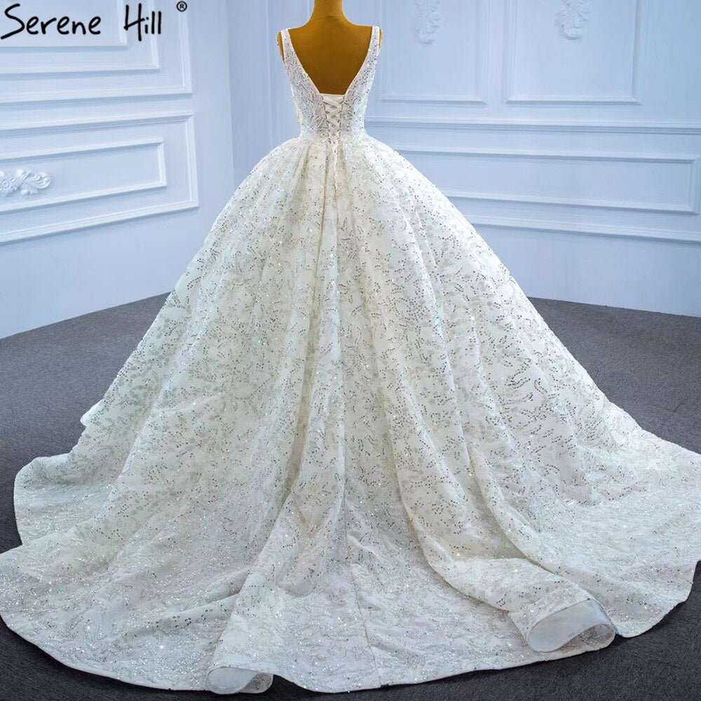 Vestidos de novia de lujo con cuentas blancas, 2025, brillantes, sin mangas, vestido de novia HM67254, hecho a medida 