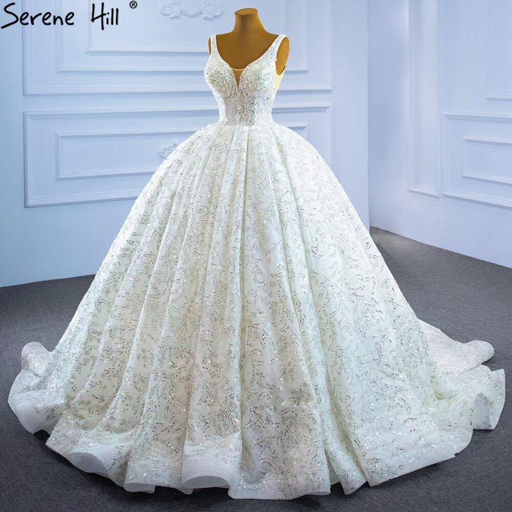 Vestidos de novia de lujo con cuentas blancas, 2025, brillantes, sin mangas, vestido de novia HM67254, hecho a medida 