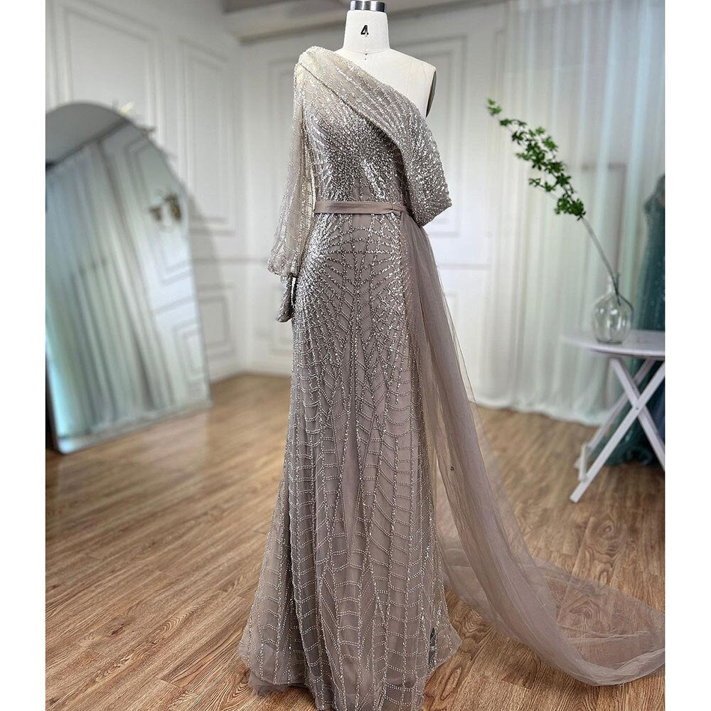 Vestido de noche de lujo con cuentas y sobrefalda de un solo hombro color caramelo, corte sirena, para mujer, boda, fiesta, LA72128 