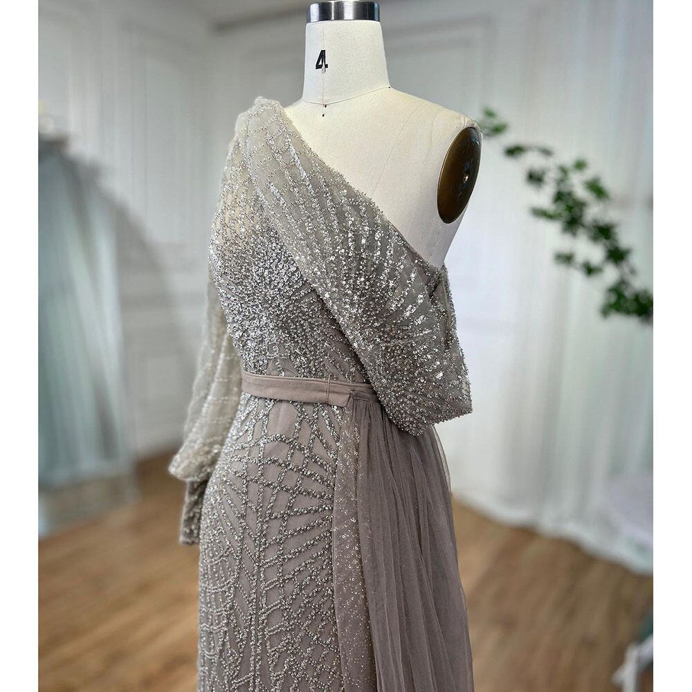 Vestido de noche de lujo con cuentas y sobrefalda de un solo hombro color caramelo, corte sirena, para mujer, boda, fiesta, LA72128 