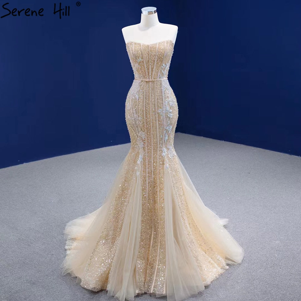 Vestidos de noche de lujo color champán con escote sirena, elegantes y sexis con cuentas, para mujer, para fiesta, HM67339 