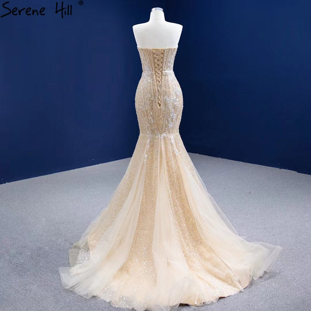 Vestidos de noche de lujo color champán con escote sirena, elegantes y sexis con cuentas, para mujer, para fiesta, HM67339 