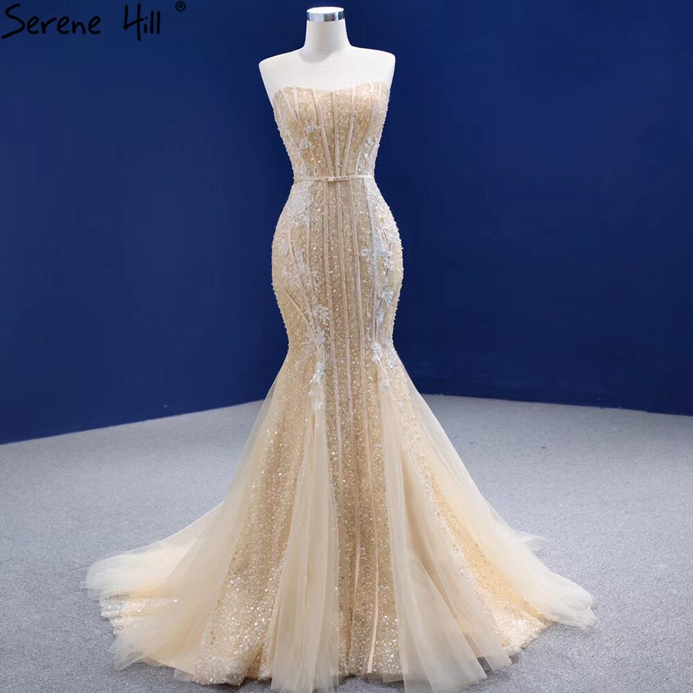 Vestidos de noche de lujo color champán con escote sirena, elegantes y sexis con cuentas, para mujer, para fiesta, HM67339 