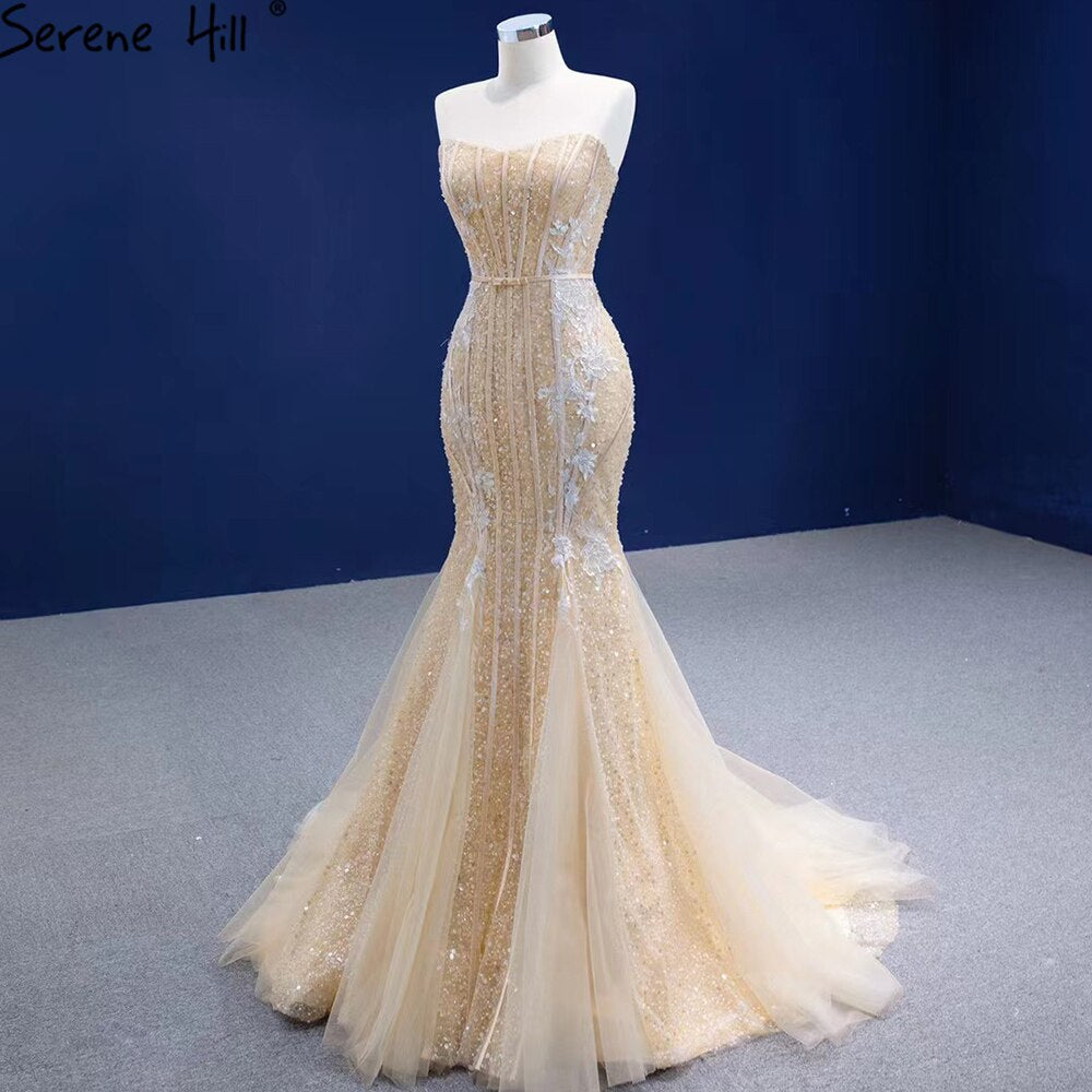 Vestidos de noche de lujo color champán con escote sirena, elegantes y sexis con cuentas, para mujer, para fiesta, HM67339 