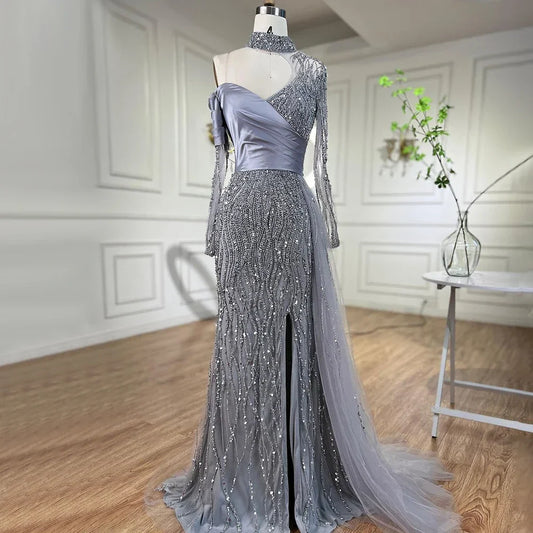 Mermaid Elegant High Split Beaded Blue Evening Dresses For Women Wedding Party 2025 Arabic Prom Formal Gowns LA71856