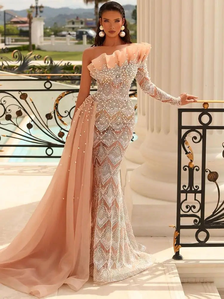 Luxury Pearls Designer One Shoulder  Evening Dresses Gowns LA71649