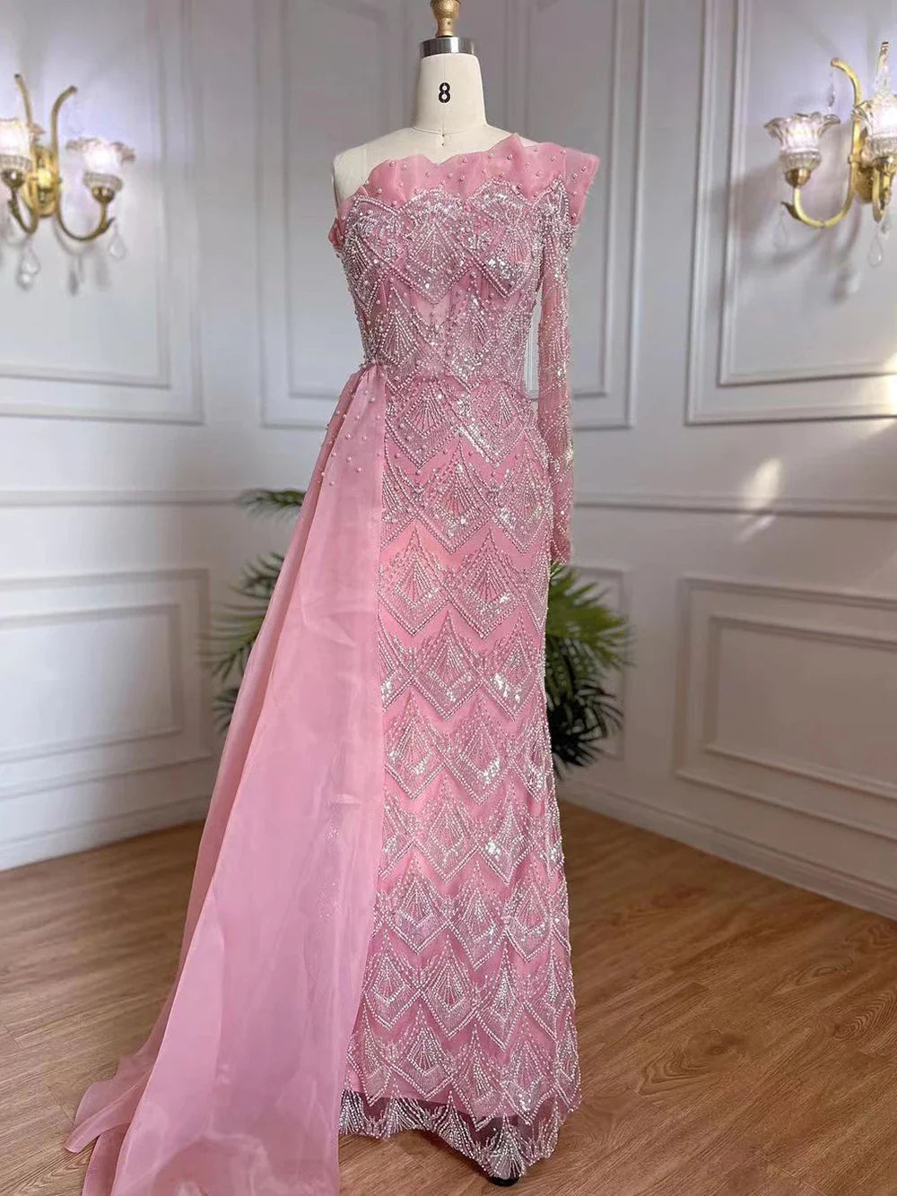 Luxury Pearls Designer One Shoulder  Evening Dresses Gowns LA71649