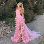 Elegante vestido de noche para niña, estilo árabe, rosa, con flores 3D, sin mangas, con abertura lateral, para fiesta de graduación, LA72568