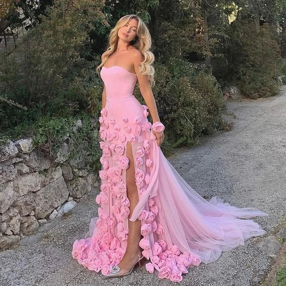 Elegantes Abendkleid für Mädchen, arabisch-rosa, 3D-Blumen, elegantes schulterfreies Kleid, seitlicher Schlitz, Abschlussball-Partykleider LA72568