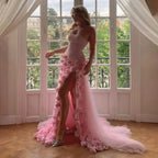 Elegante vestido de noche para niña, estilo árabe, rosa, con flores 3D, sin mangas, con abertura lateral, para fiesta de graduación, LA72568