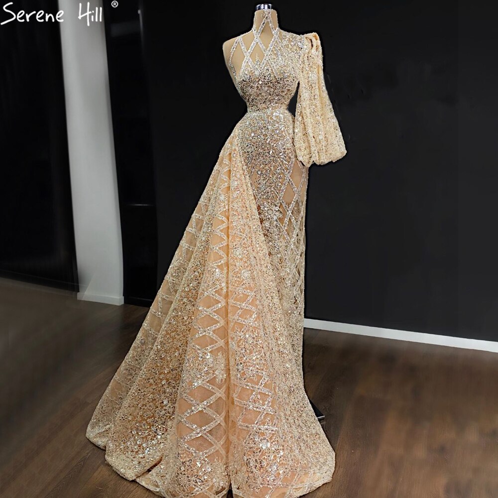 Meerjungfrau Gold Luxus Mit Rock Abendkleider Kleider 2025 Perlen Elegant Eine Schulter Für Frauen Party LA71094 