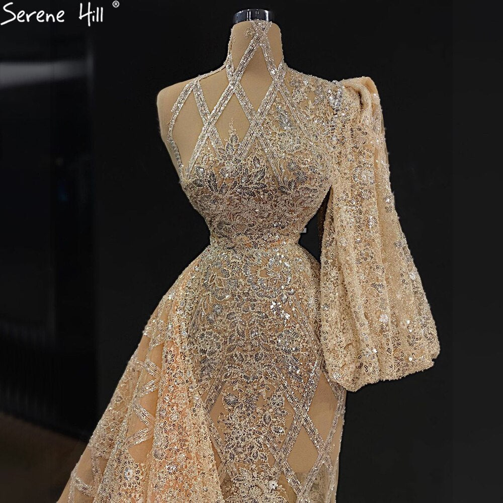 Meerjungfrau Gold Luxus Mit Rock Abendkleider Kleider 2025 Perlen Elegant Eine Schulter Für Frauen Party LA71094 