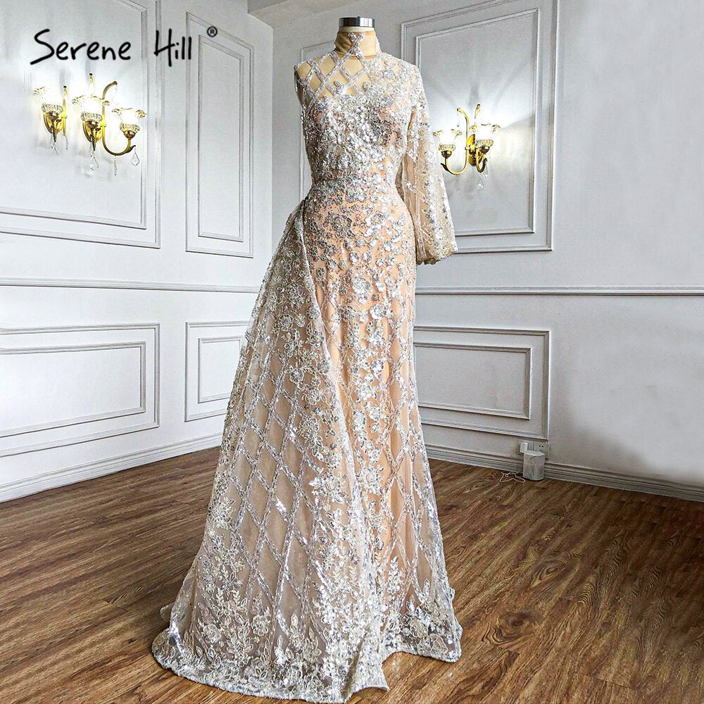 Meerjungfrau Gold Luxus Mit Rock Abendkleider Kleider 2025 Perlen Elegant Eine Schulter Für Frauen Party LA71094 